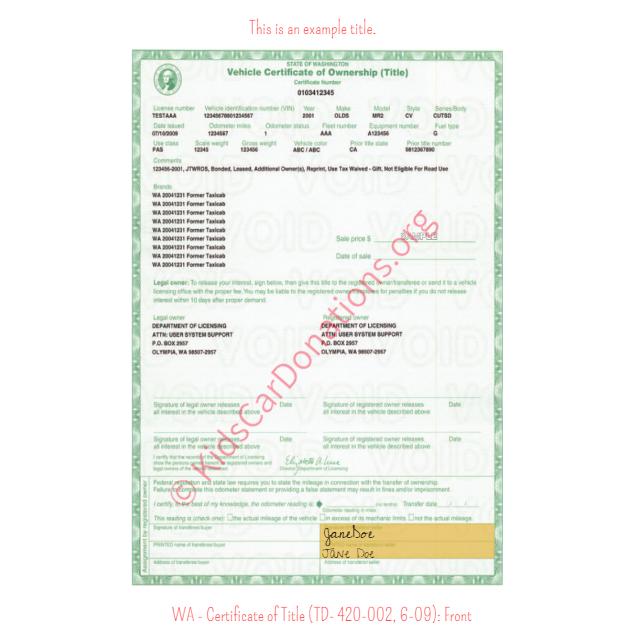 This is an Example of Washington Certificate of Title (TD- 420-002, 6-09) Front View | Kids Car Donations